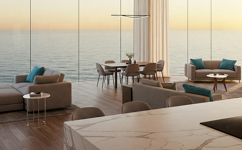 Modern sea-facing apartment interior with ocean view.
