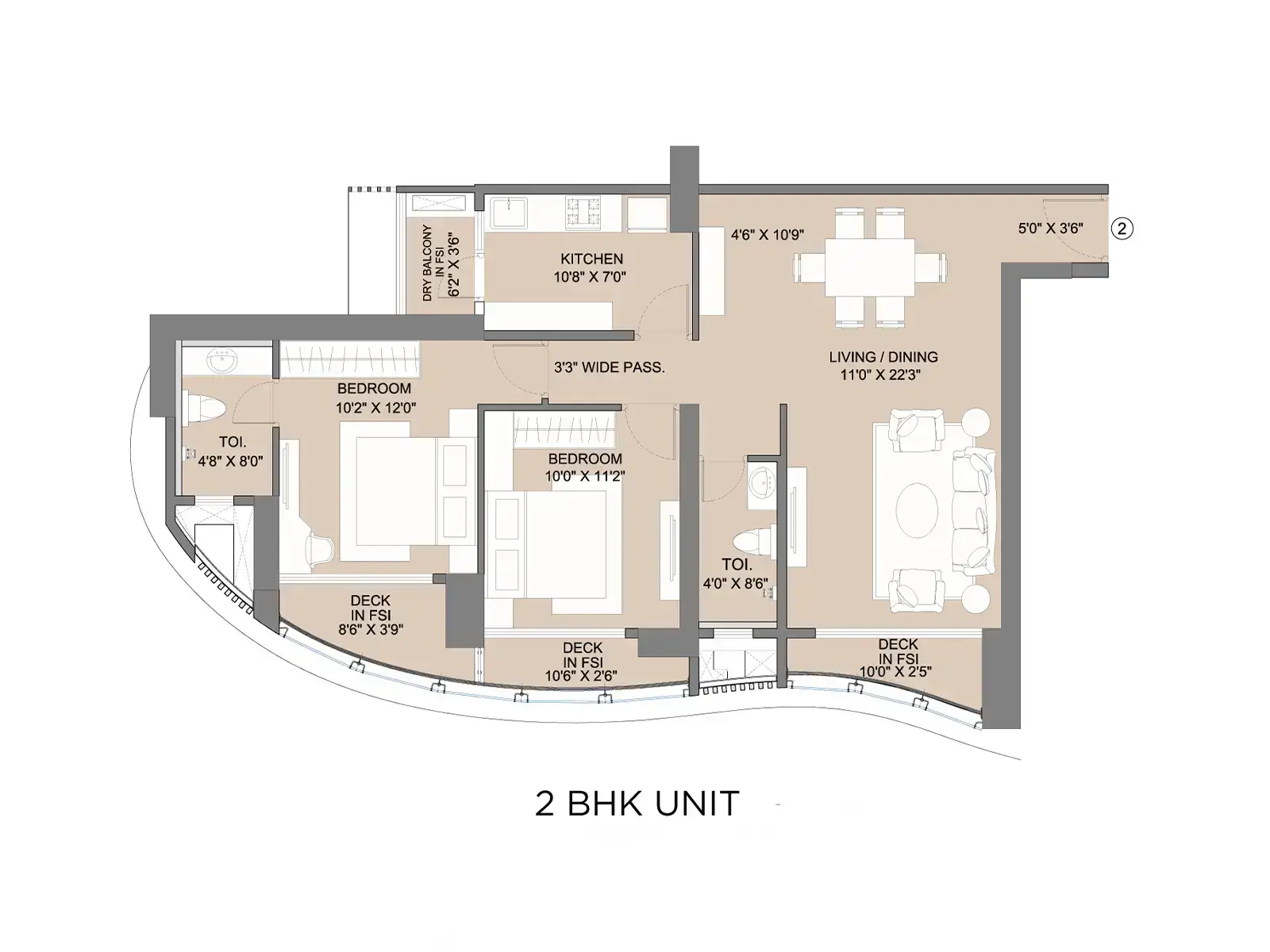 1st & 2nd Avenue 2BHK Unit Plan