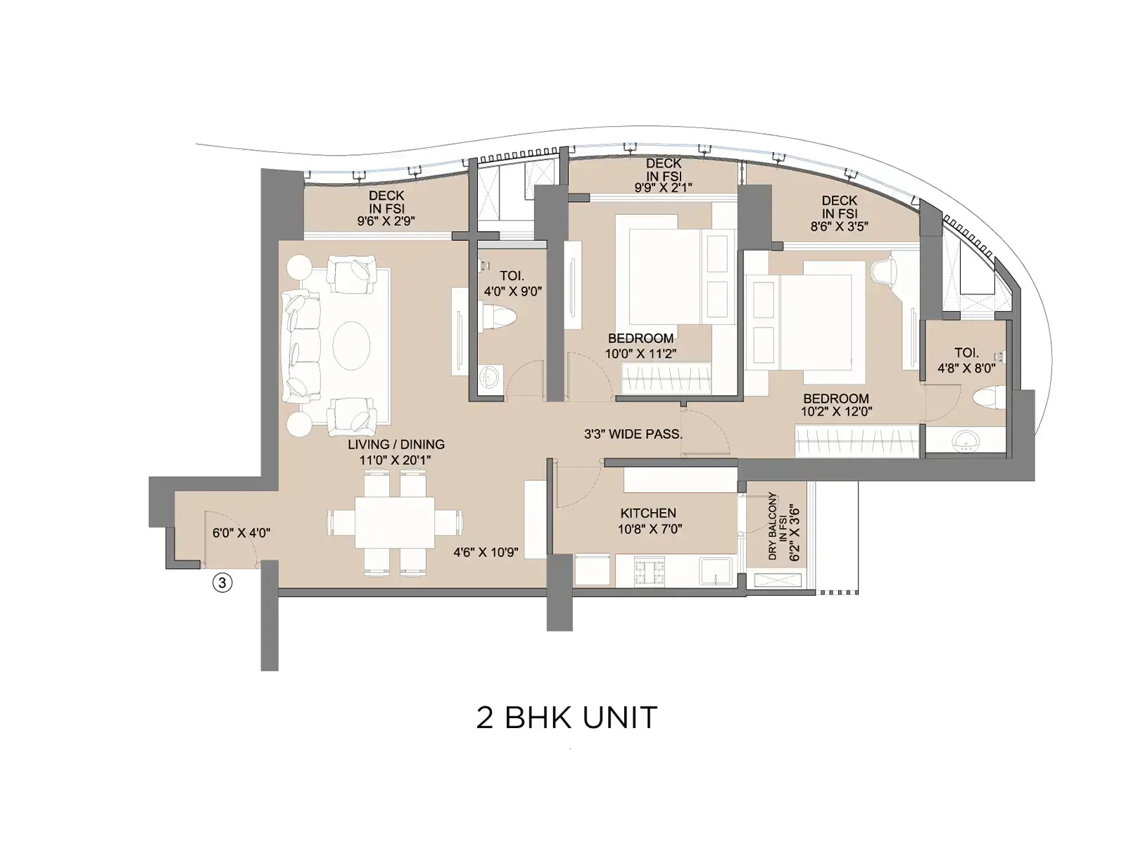 1st & 2nd Avenue 2BHK Unit Plan