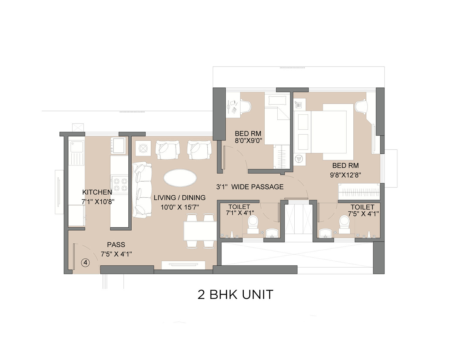 1st & 2nd Avenue 2BHK Unit Plan