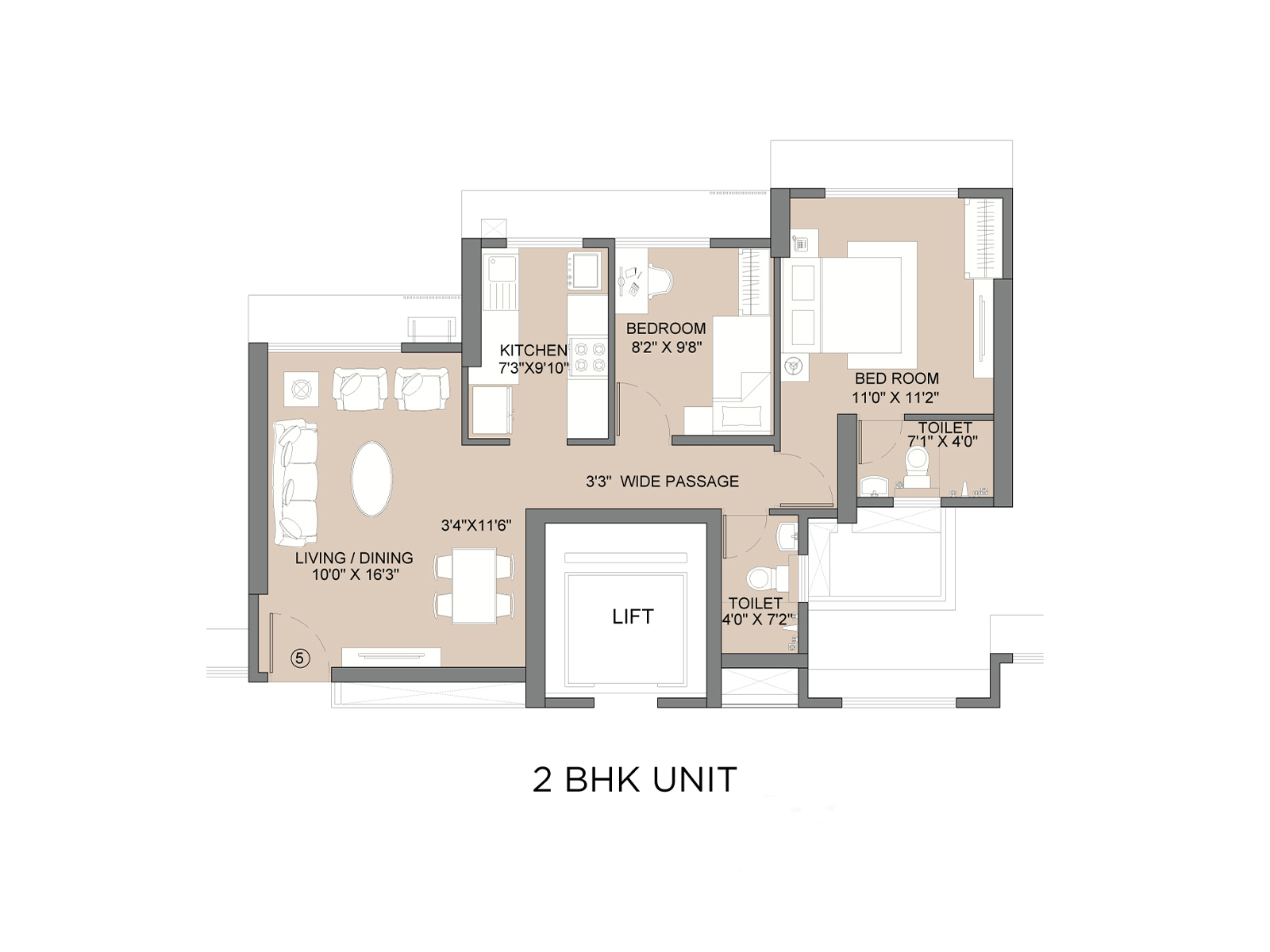 1st & 2nd Avenue 2BHK Unit Plan