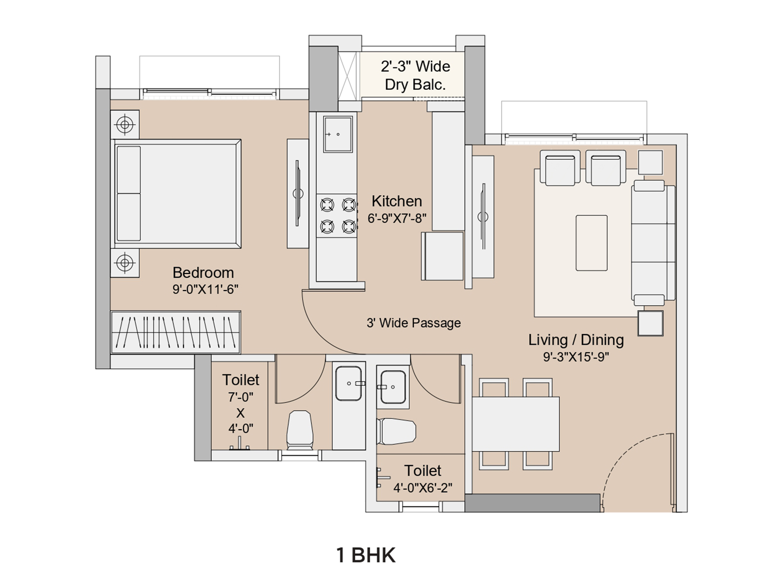 Sunteck One world 1BHK Unit Plan