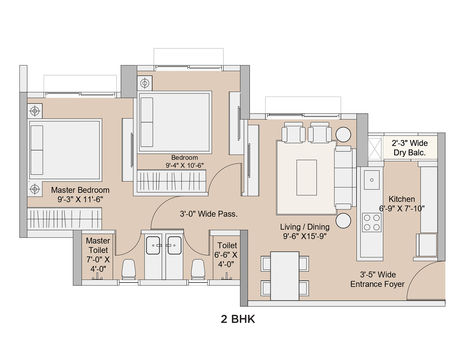 Sunteck One world 2 BHK Unit Plan