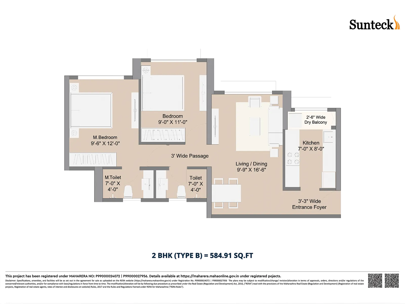Sunteck UltraWorld Floor Plan Unit Plan of 2 BHK (Type B)